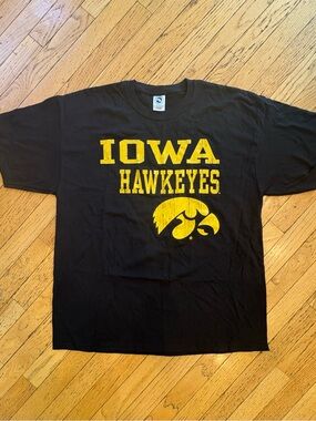 Iowa Hawkeyes Black T-Shirt with Purposefully Distressed Yellow Print